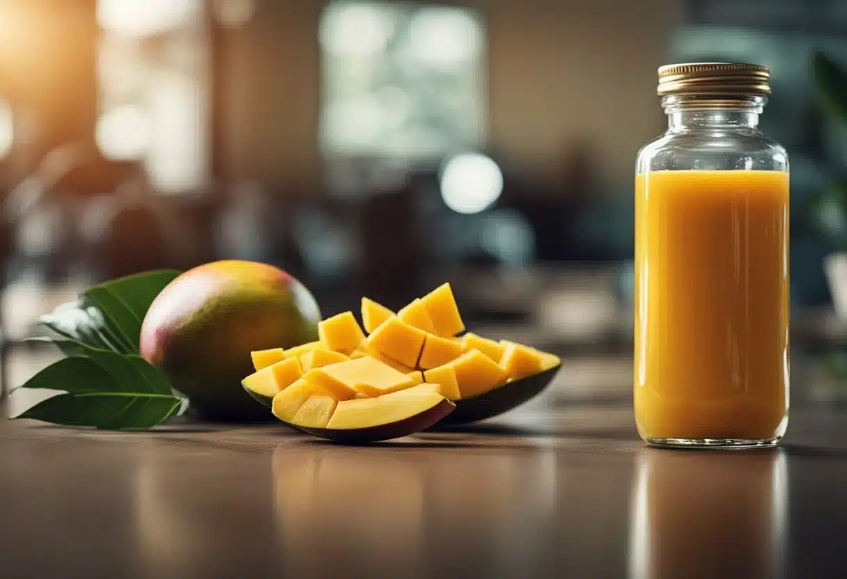 African mango supplement bottle alongside healthy food and exercise equipment