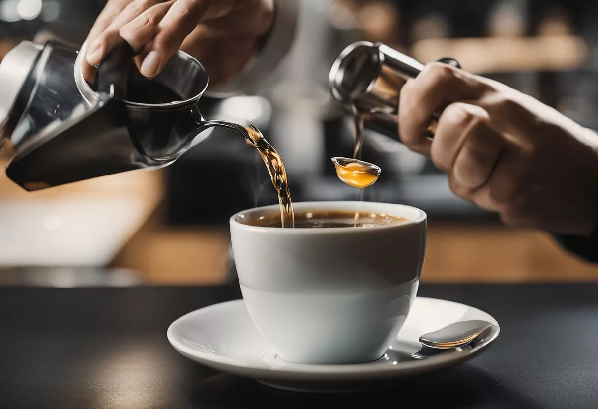 A person pouring a packet of Java Burn into a cup of hot water, stirring it, and then taking a sip