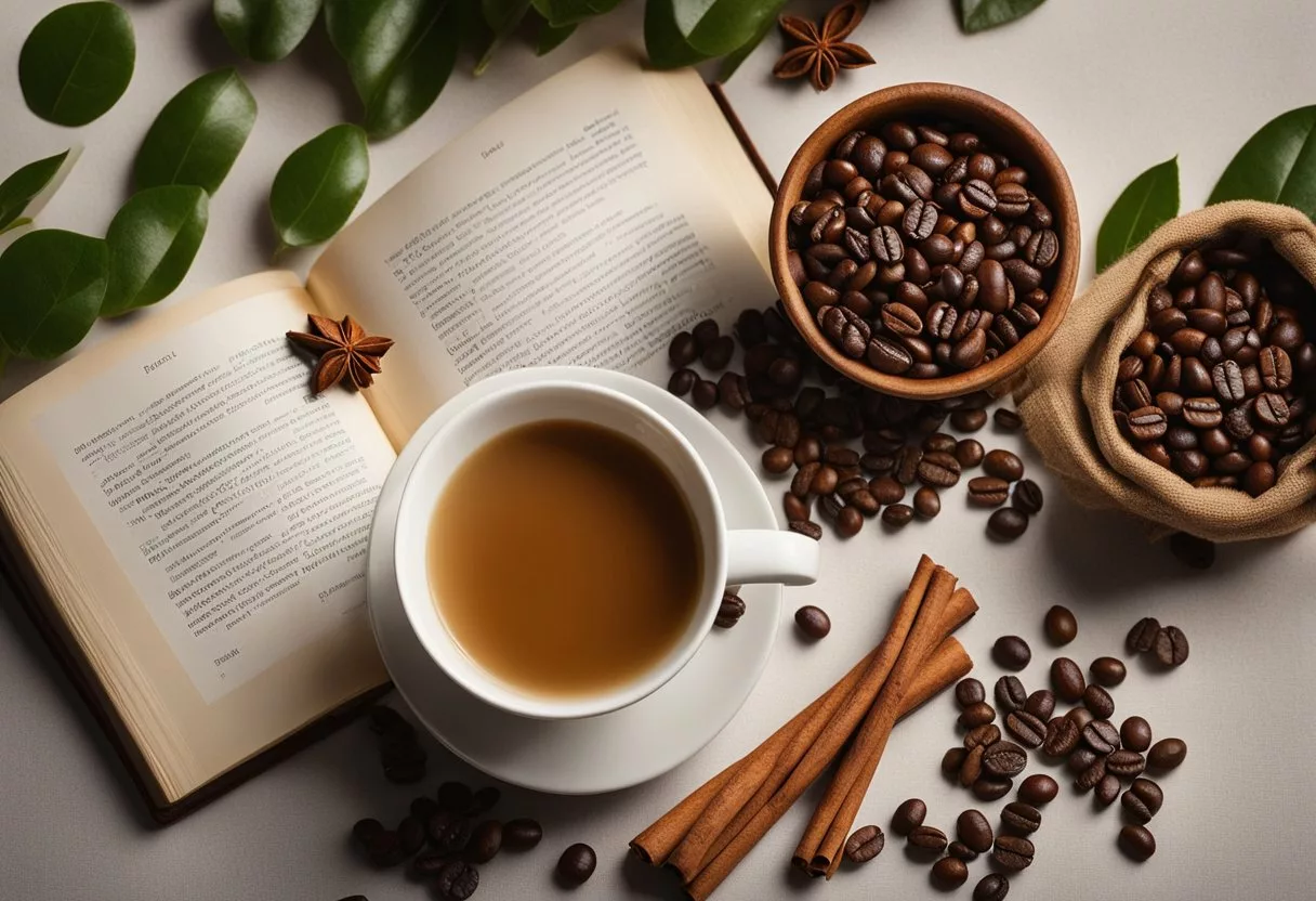 A table with coffee beans, cinnamon sticks, and green tea leaves. A book open to a page listing health benefits