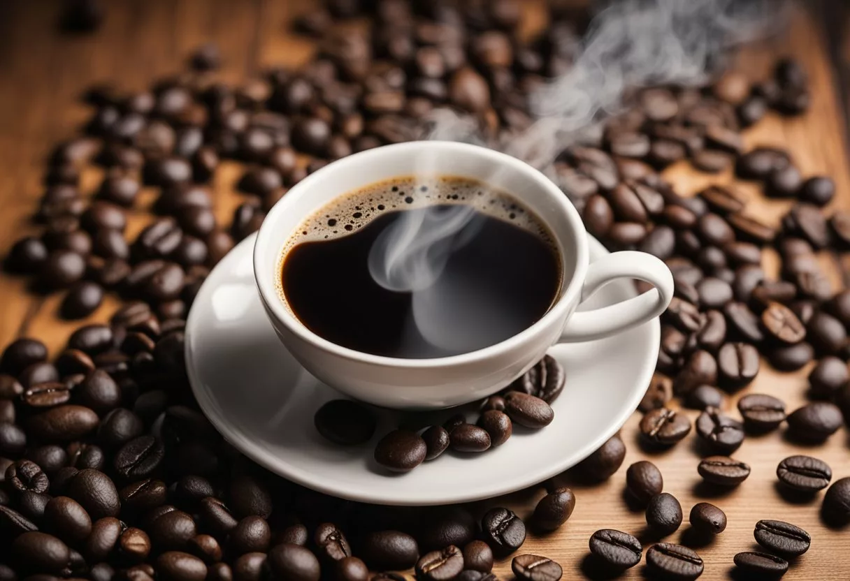 A steaming cup of Java Burn sits on a wooden table, surrounded by scattered coffee beans and a decorative spoon