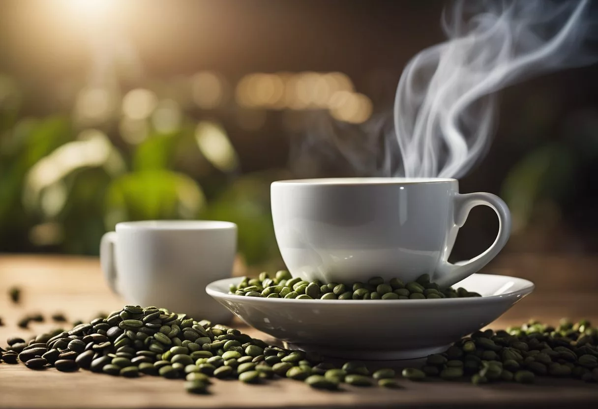 A steaming cup of Java Burn sits on a table, surrounded by ingredients like green coffee extract and chromium. The cup exudes energy and vitality, symbolizing its metabolism-boosting effects