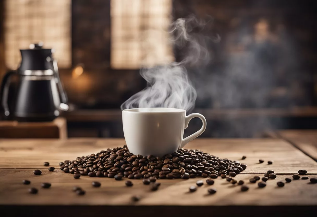 A steaming cup of Java Burn sits on a rustic wooden table, surrounded by coffee beans and a bag with purchase information. A cloud of steam rises from the cup, indicating its warmth