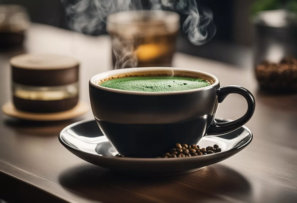 A steaming cup of Java Burn sits on a sleek, modern countertop, surrounded by natural ingredients like green coffee extract and black pepper. A sense of energy and vitality emanates from the scene