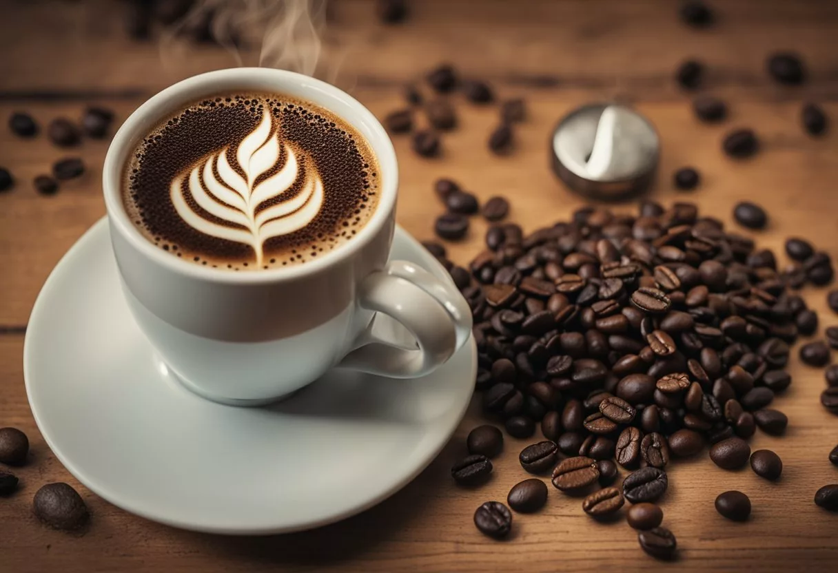 A steaming cup of Java Burn sits on a wooden table, surrounded by coffee beans and a warm, inviting glow