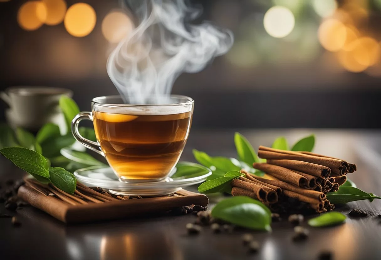 A serene scene of a steaming cup of Java Burn surrounded by fresh, vibrant ingredients like green tea leaves, cinnamon sticks, and ginger root. The atmosphere exudes a sense of health and wellness, highlighting the benefits of Java Burn