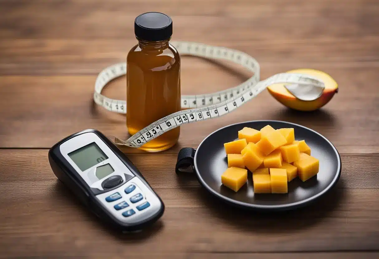 African mango and diabetes: A bottle of African mango supplement next to a blood glucose monitor and a healthy meal on a table