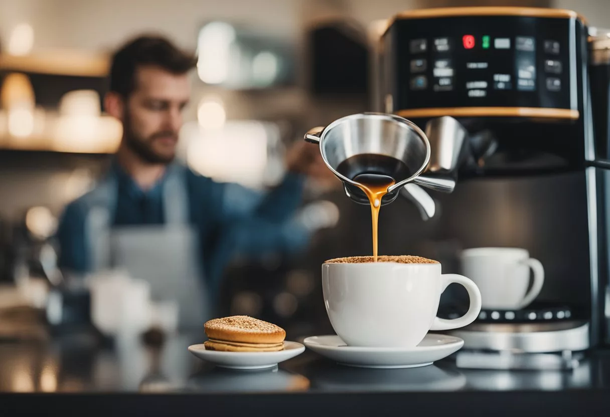 A person adding Java Burn to their morning coffee, feeling energized and ready for the day. A bag of Java Burn sits on the counter next to the coffee maker