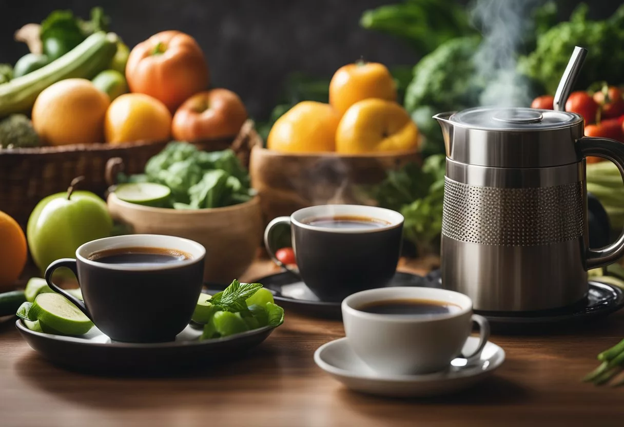 A steaming cup of Java Burn sits on a table surrounded by fresh fruits and vegetables, conveying the benefits of weight management support