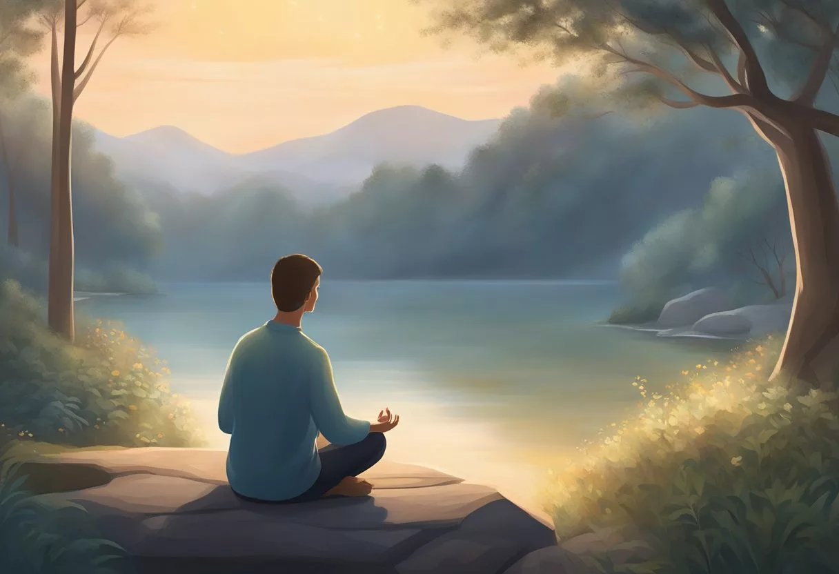 A serene, peaceful setting with a person meditating or resting, surrounded by a sense of calm and tranquility. A subtle, ethereal glow emanates from the person, symbolizing relief from tinnitus