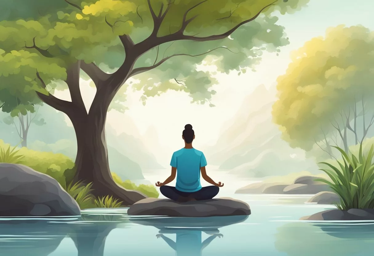 A serene, peaceful setting with a person meditating or practicing yoga, surrounded by nature and calming elements such as gentle flowing water or soft, soothing music