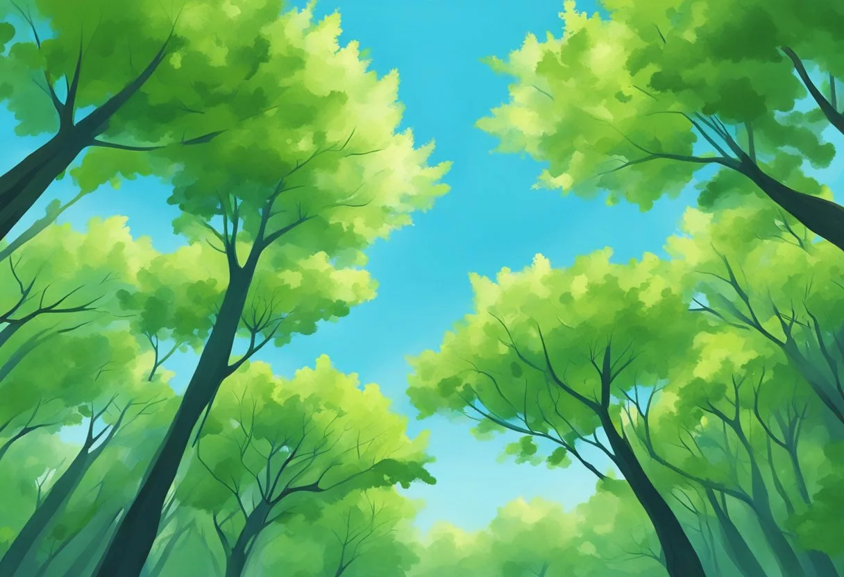 A serene forest with vibrant green foliage and a clear blue sky, with a subtle focus on the ear-shaped leaves of the Zencortex plant