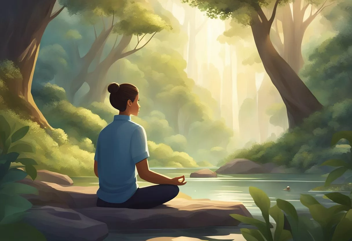 A serene, peaceful setting with a person meditating or relaxing while surrounded by calming elements such as nature, soft lighting, and soothing sounds