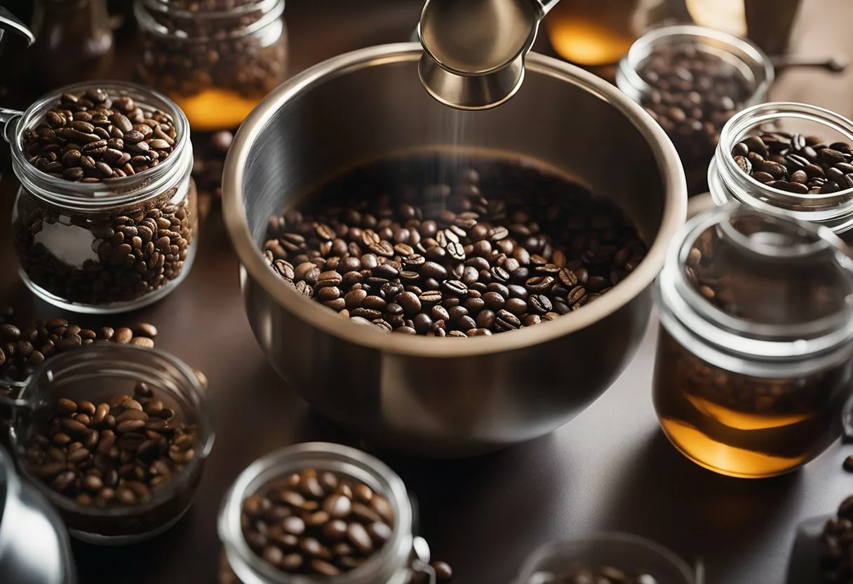 Steam rises from a bubbling pot of coffee beans, surrounded by jars of unique ingredients. A hand reaches for a scoop, ready to blend Java Burn's special formula