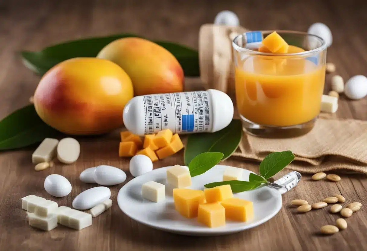 African mango fruit surrounded by diabetes medication and healthy food, symbolizing its role in overall health