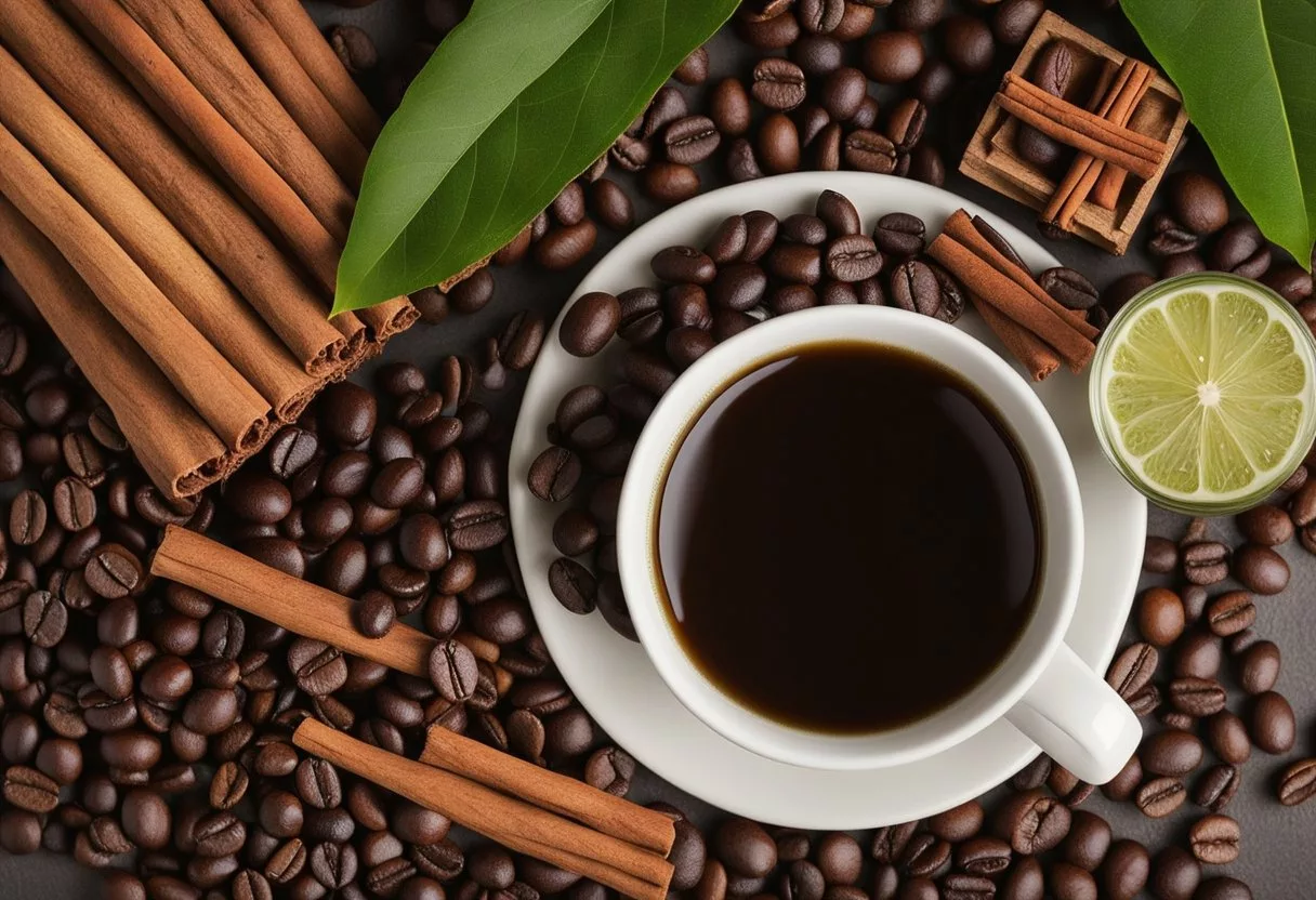 A table with various ingredients: coffee beans, green tea extract, and cinnamon sticks. A computer displaying Java Burn website