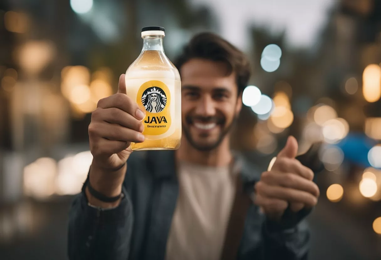 A person holding a bottle of Java Burn, smiling with a thumbs-up gesture, surrounded by glowing reviews and before-and-after weight loss photos