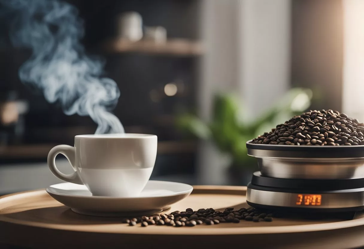 A steaming cup of Java Burn sits on a table, surrounded by a stack of weight loss FAQs