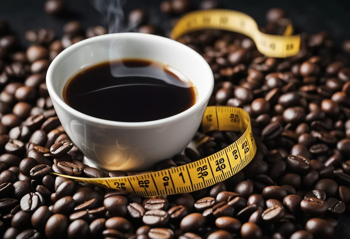 A steaming cup of Java Burn sits on a table, surrounded by fresh coffee beans and a tape measure, symbolizing the benefits of weight loss