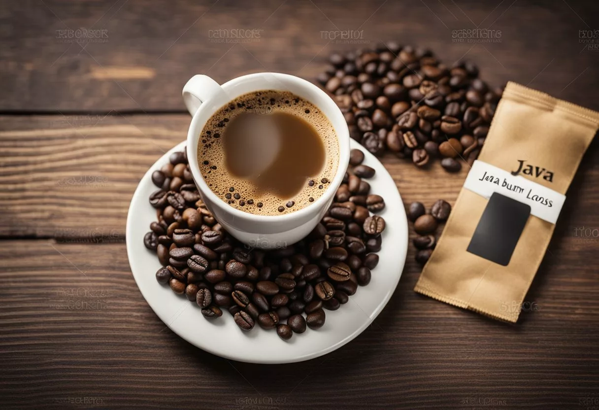 A steaming cup of Java Burn sits on a table, surrounded by fresh coffee beans and a measuring tape. The label reads "Java Burn for Weight Loss."