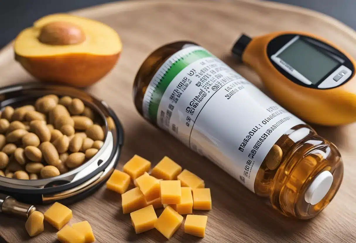 African mango supplement bottle next to a diabetes blood sugar monitor and a list of FAQs