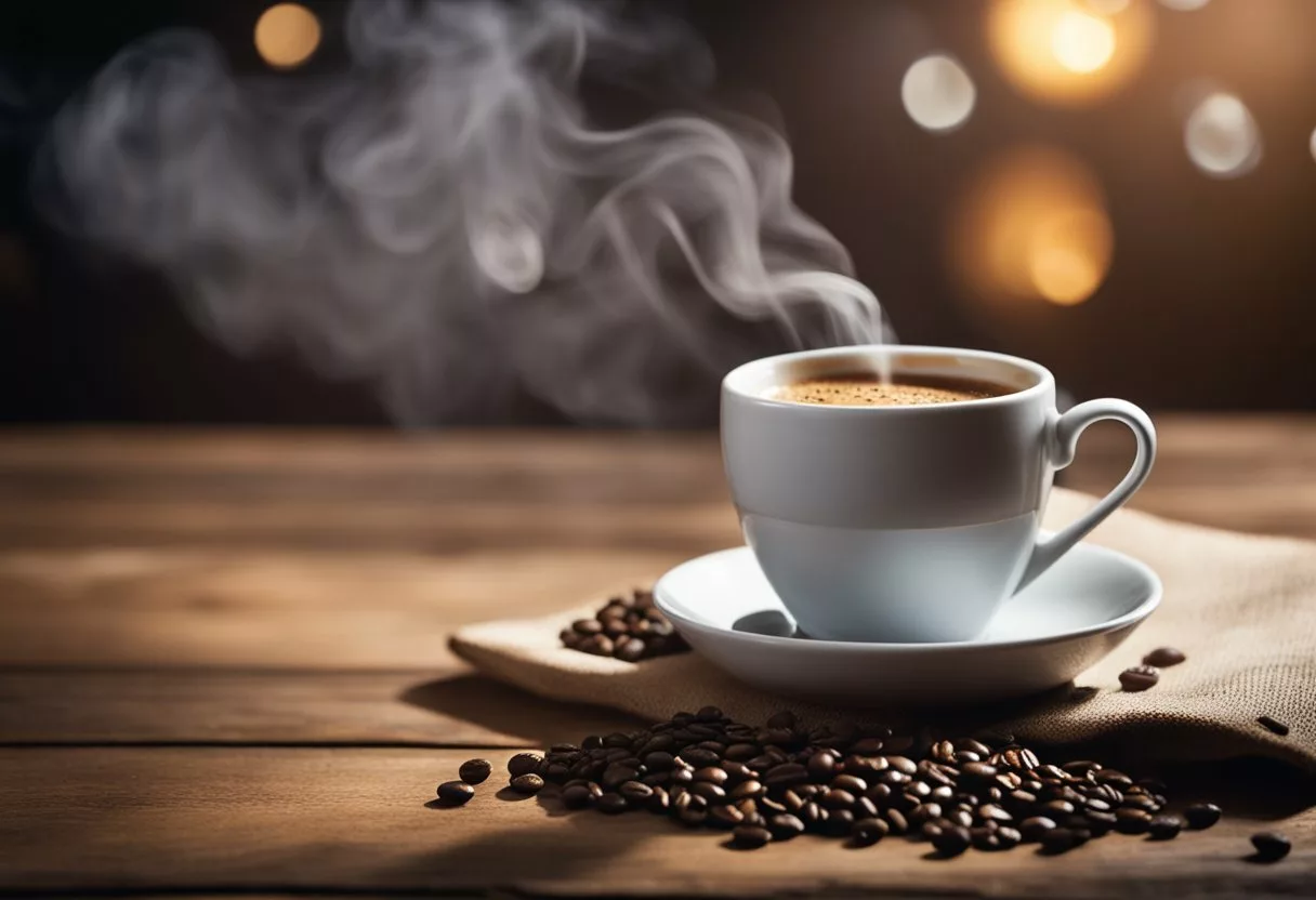 A steaming cup of Java Burn sits on a rustic wooden table, surrounded by coffee beans and a handwritten note of glowing user reviews