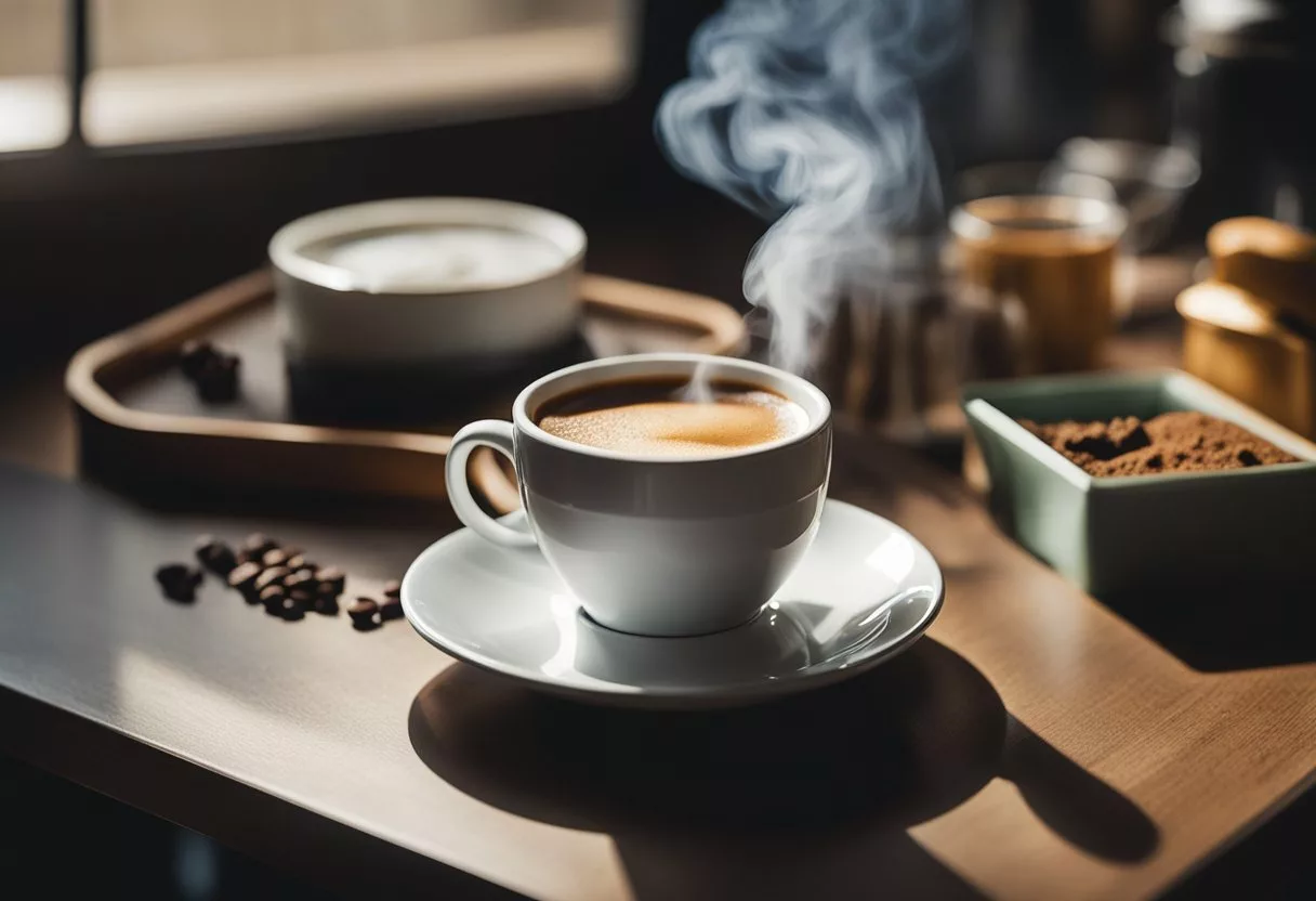 A steaming cup of Java Burn sits on a table, with dosage instructions and a usage guide next to it