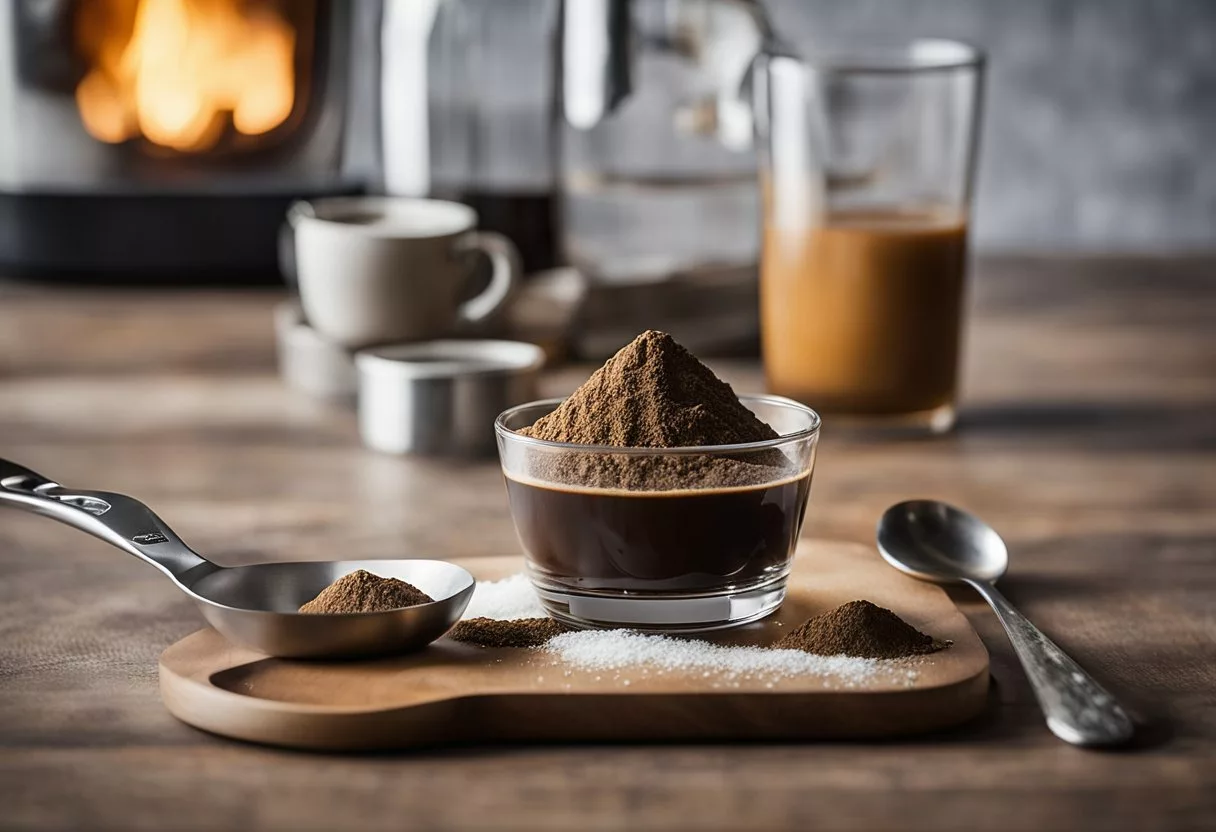 A hand pours Java Burn powder into a glass of water. The glass sits on a table with a bottle of Java Burn and a measuring spoon nearby