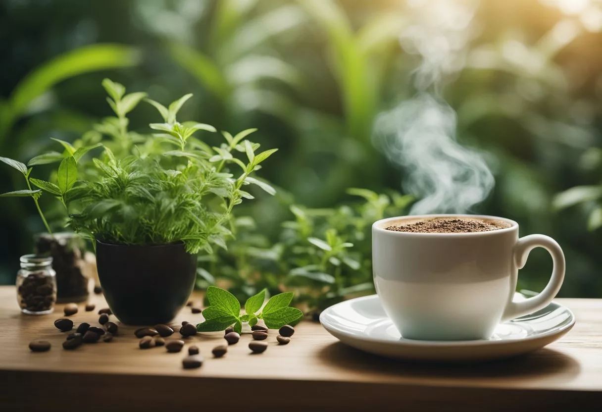 A steaming cup of coffee surrounded by various herbs and plants, with a sense of calm and wellness in the air