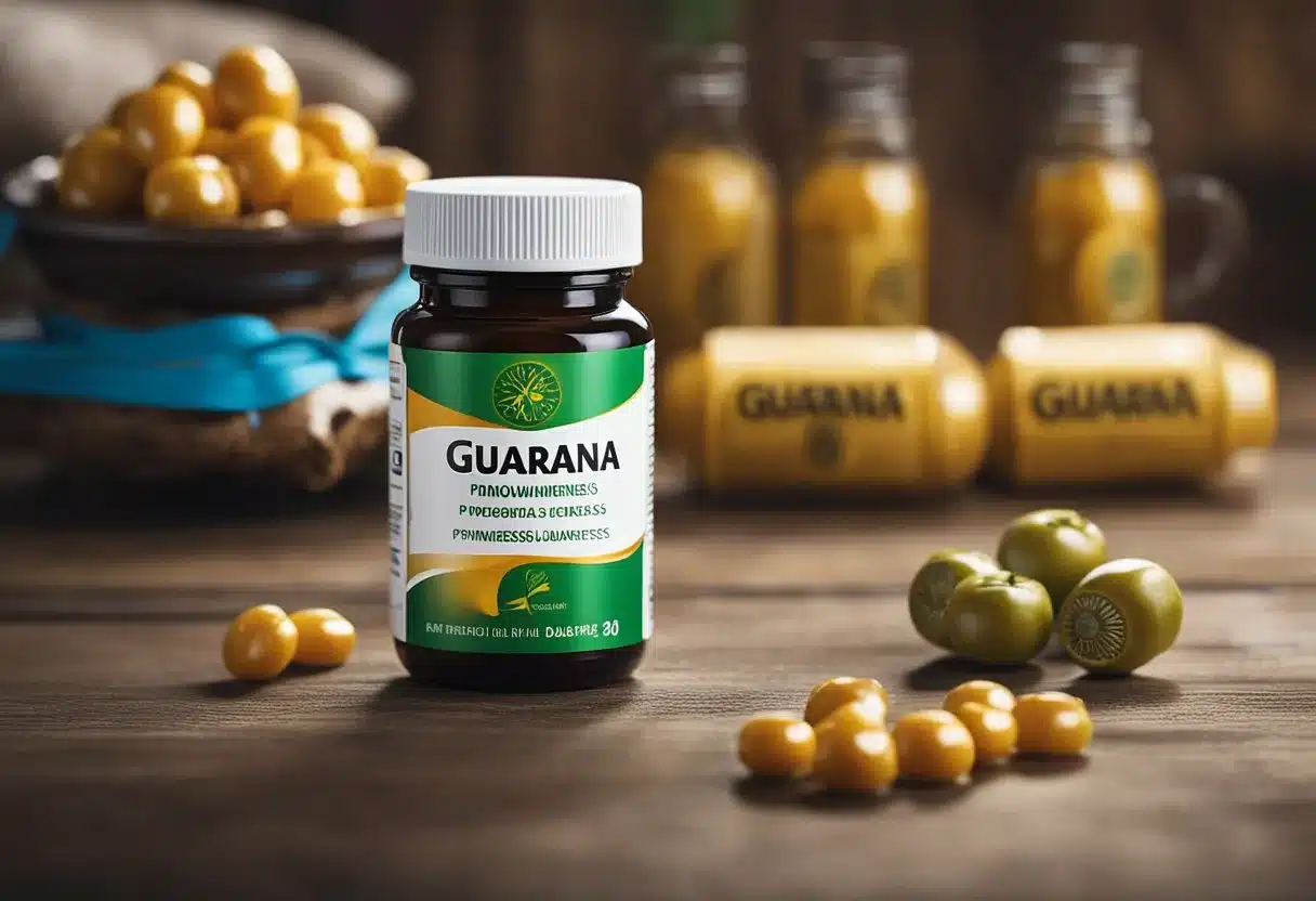 A bottle of guarana supplement sits on a table with a diabetes awareness ribbon nearby. The label prominently displays the word "Guarana" and a symbol representing diabetes