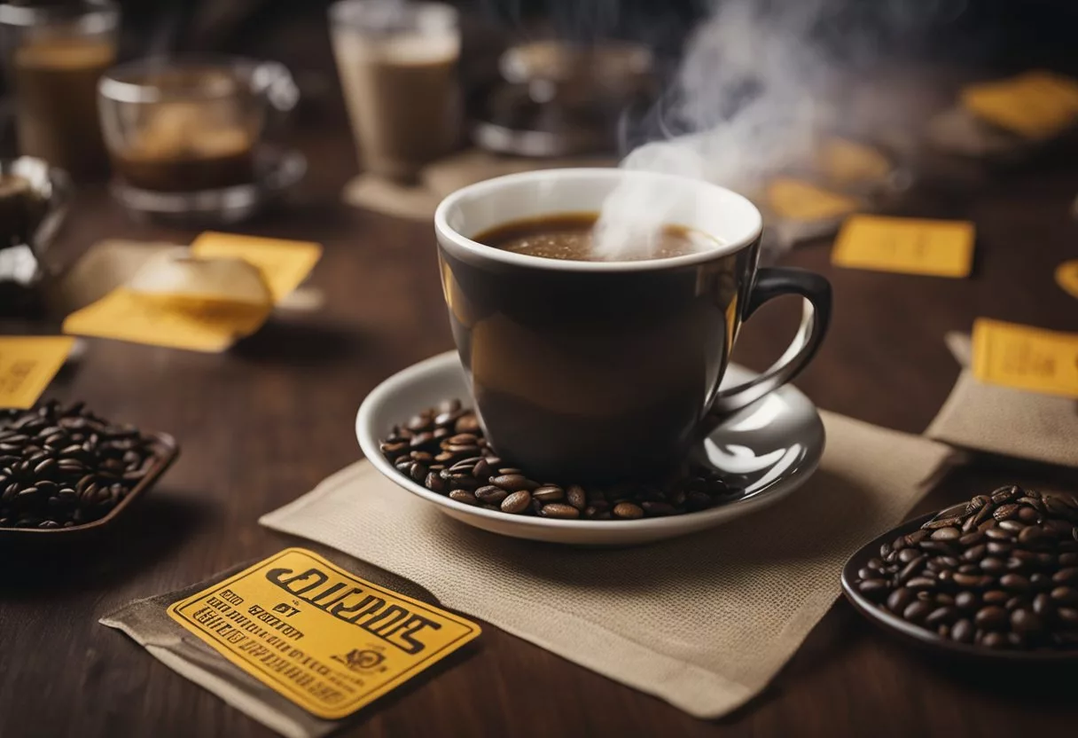 A steaming cup of Java Burn sits on a table, surrounded by caution signs and safety labels. Smoke rises from the drink, emitting a sense of potential danger