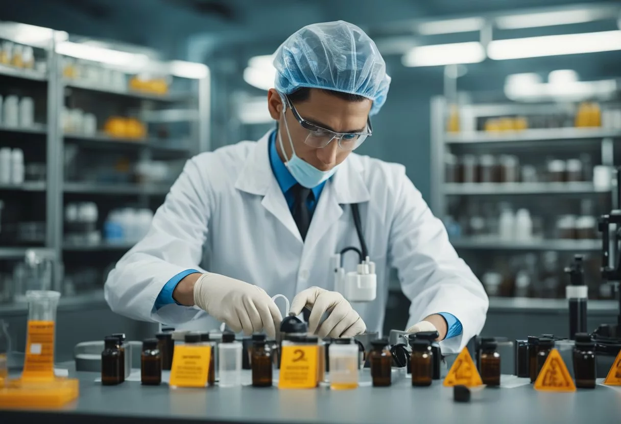 A lab technician carefully examines a bottle of Java Burn, surrounded by safety equipment and warning signs