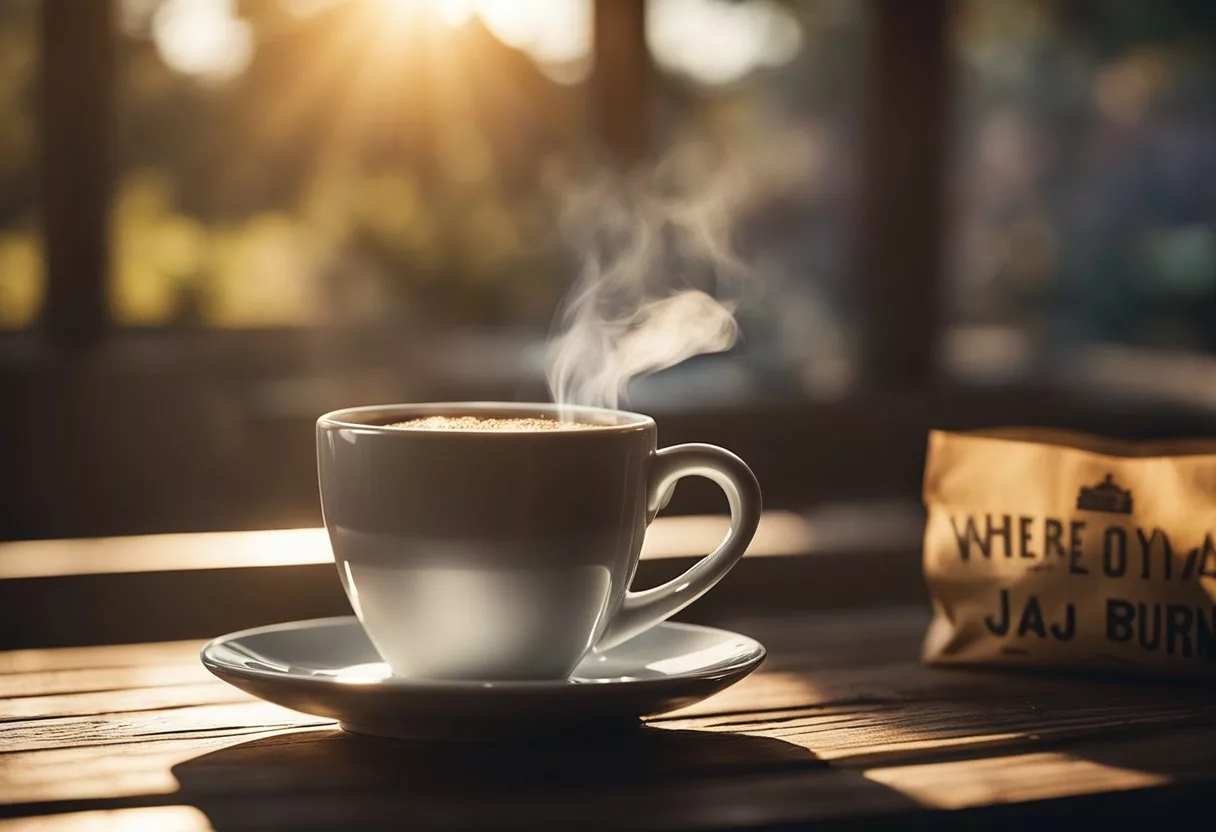 A steaming cup of Java Burn sits on a rustic wooden table, surrounded by bags of coffee beans and a sign reading "Where to Buy Java Burn." Sunlight streams through a window, casting warm rays on the scene