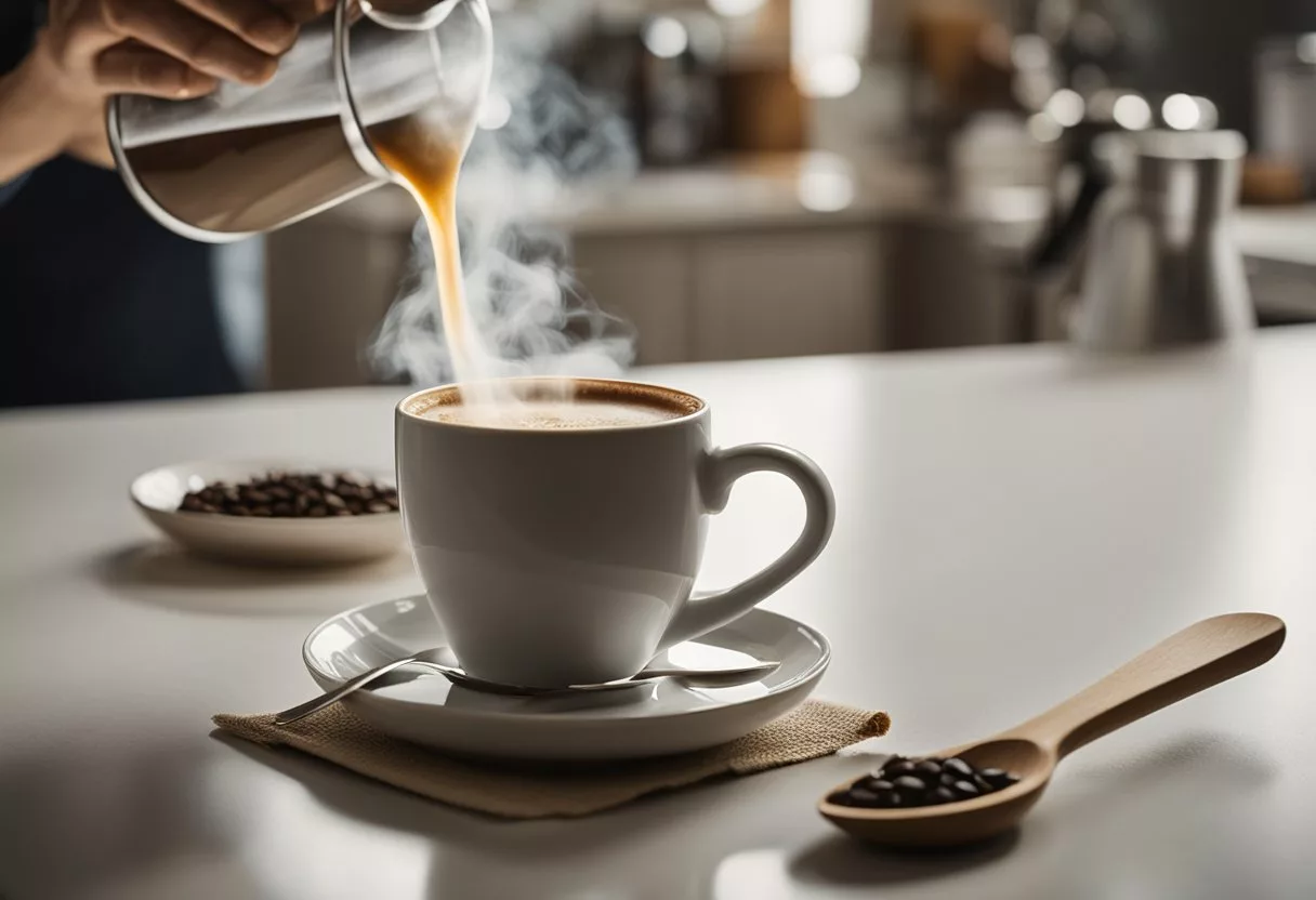 A bag of Java Burn sits on a kitchen counter next to a mug and a spoon. A steaming cup of coffee with Java Burn mixed in is being enjoyed by a person at the table