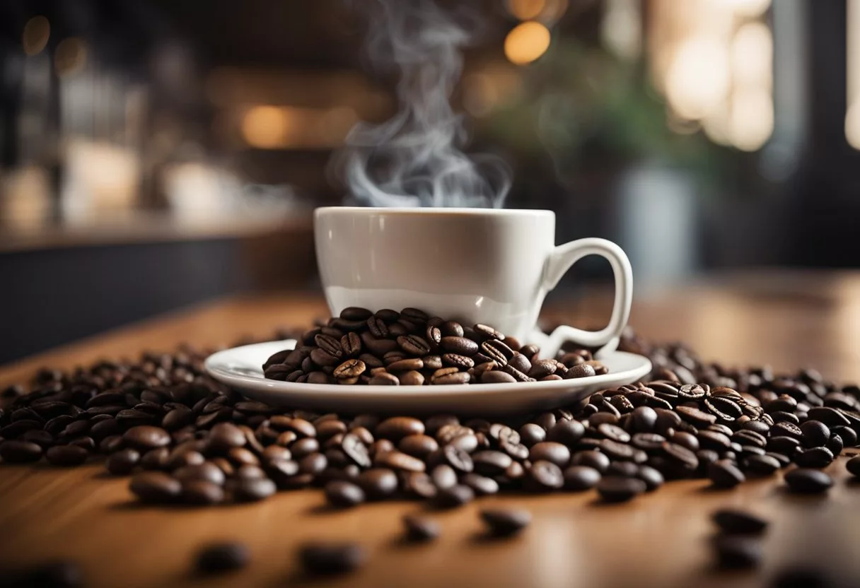 A steaming cup of Java Burn sits on a table, surrounded by vibrant, fresh coffee beans. The aroma wafts through the air, enticing and invigorating