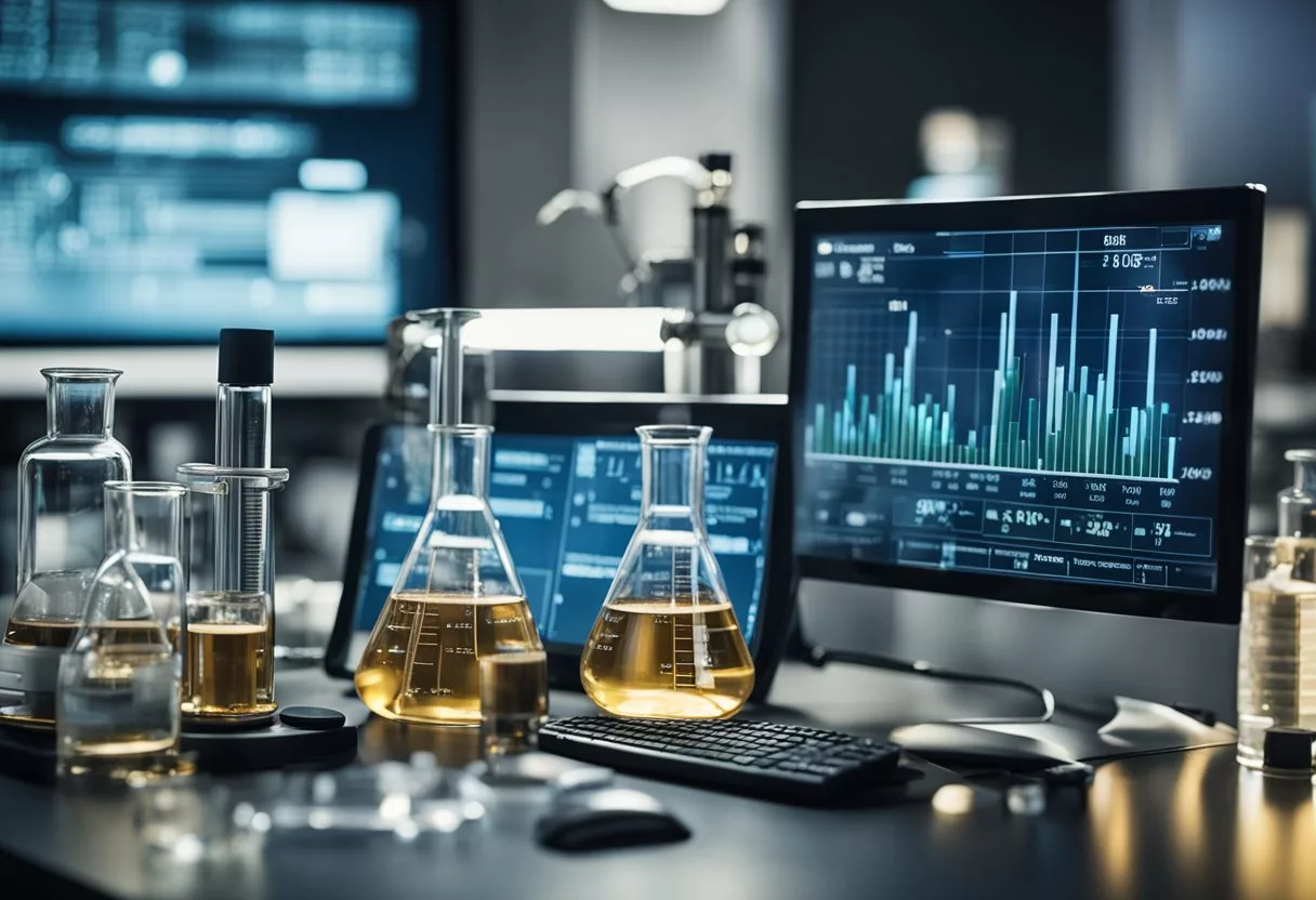 A laboratory setting with beakers, test tubes, and scientific equipment. A computer screen displays data graphs and charts related to the effects of Java Burn on the body