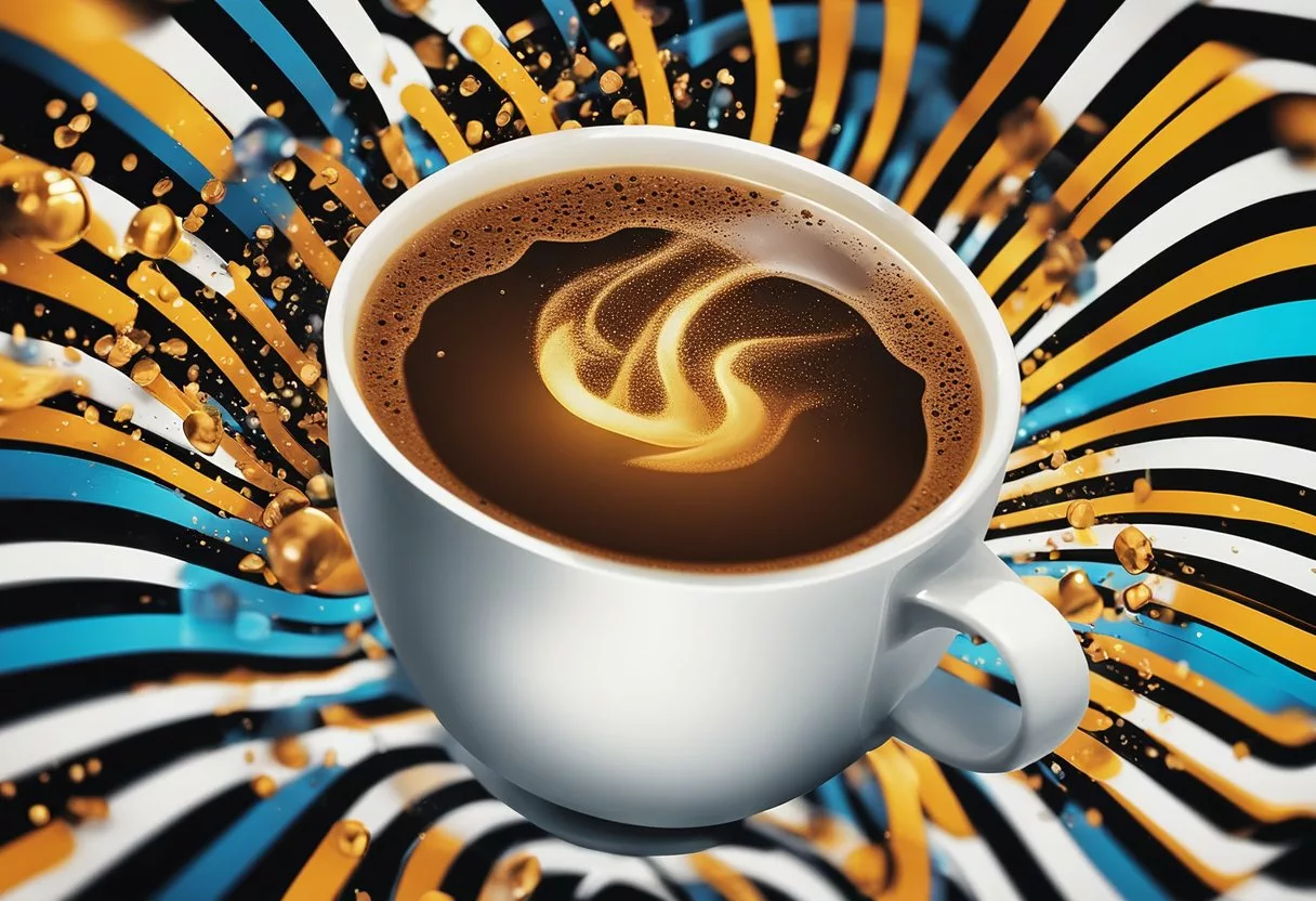 A cup of Java Burn is shown being consumed, with energy boosting effects depicted through vibrant colors and dynamic lines