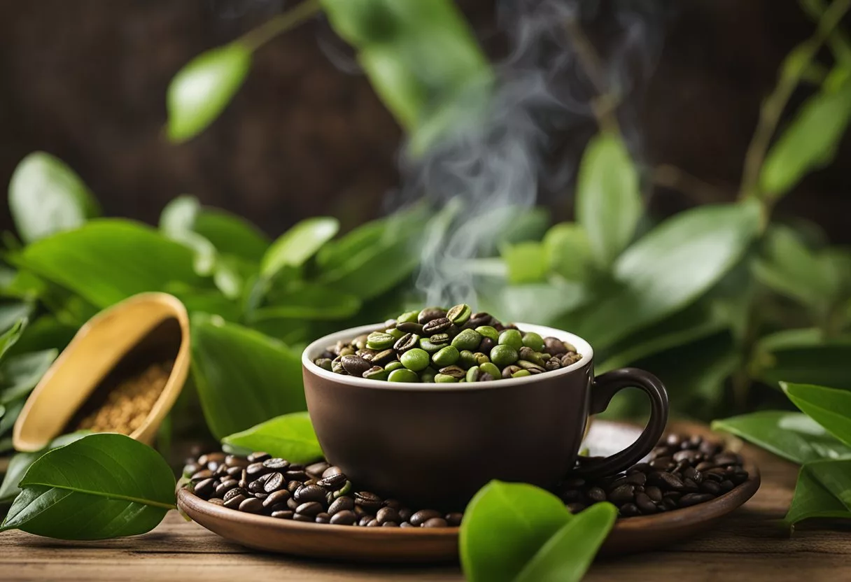 A steaming cup of Java Burn sits on a rustic wooden table, surrounded by vibrant green coffee beans and lush tropical foliage. The packaging proudly displays its health benefits and efficacy, emphasizing its value