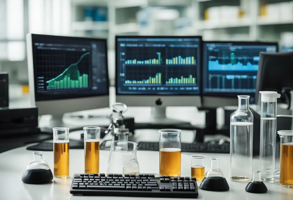 A laboratory with beakers, test tubes, and scientific equipment. A computer screen displaying research data on Java Burn. A price tag and value chart in the background