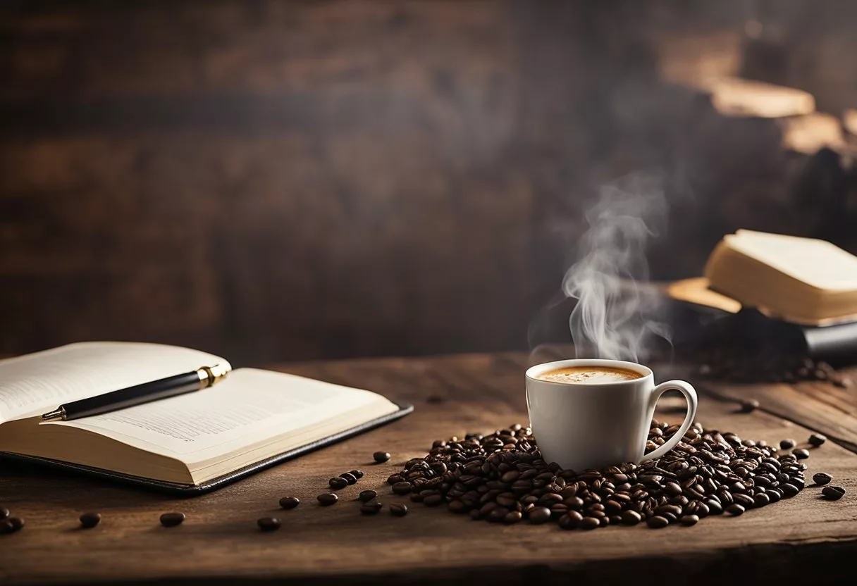 A steaming cup of Java Burn sits on a rustic wooden table, surrounded by coffee beans and a notebook filled with success stories