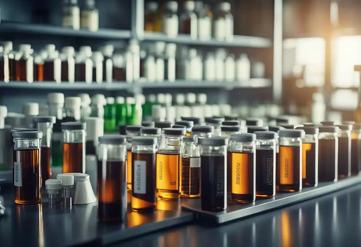 A laboratory setting with equipment and labeled bottles, showing quality control testing of guarana supplement for diabetes regulatory compliance