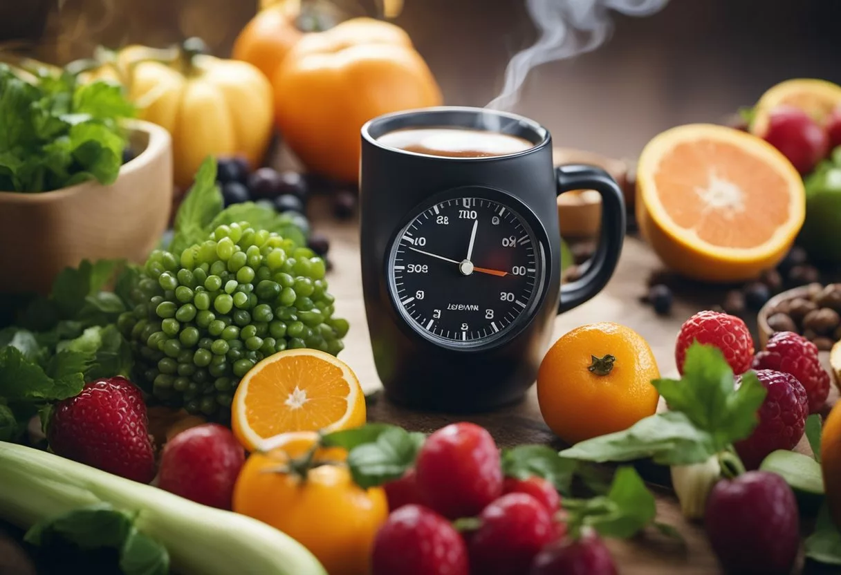 A steaming cup of Java Burn sits on a table, surrounded by vibrant fruits and vegetables. A stopwatch ticks in the background, symbolizing the boost in metabolism and energy