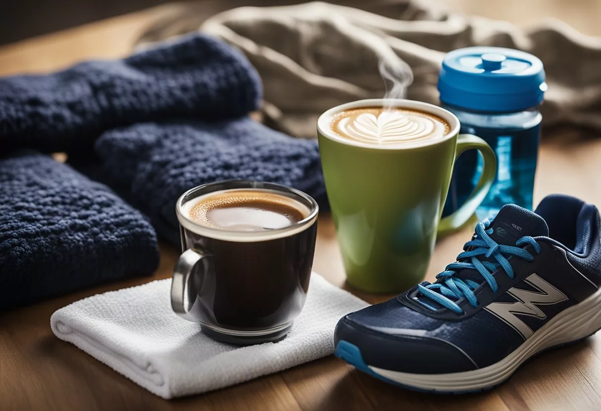 A steaming cup of Java Burn sits next to a pair of running shoes, surrounded by a gym towel and a water bottle. The scene suggests the connection between the metabolism-boosting effects of Java Burn and the importance of exercise for weight management