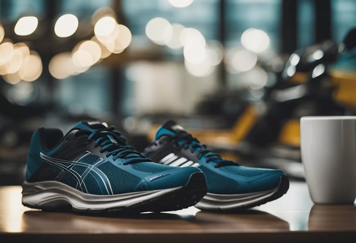 A steaming cup of Java Burn sits next to a pair of running shoes, surrounded by exercise equipment and a list of frequently asked questions