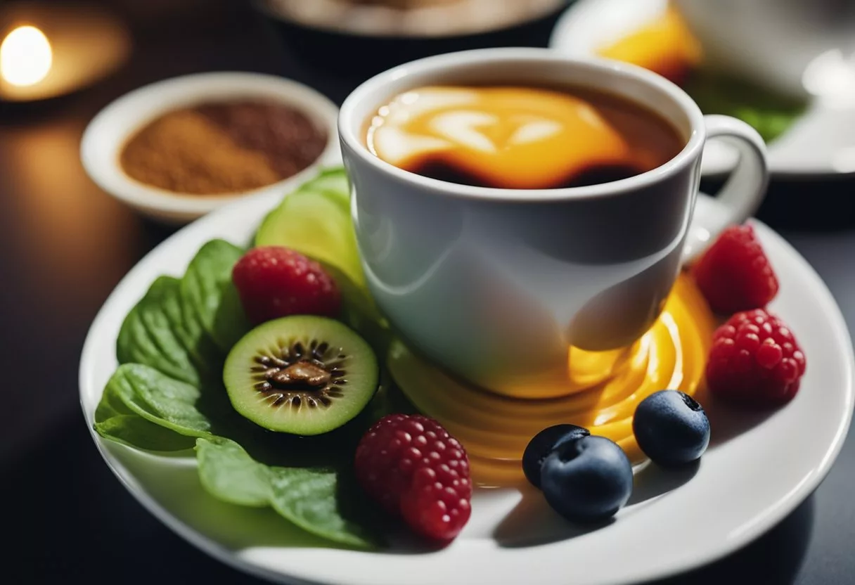 A steaming cup of Java Burn sits next to a plate of colorful, nutrient-rich foods, surrounded by a glowing aura