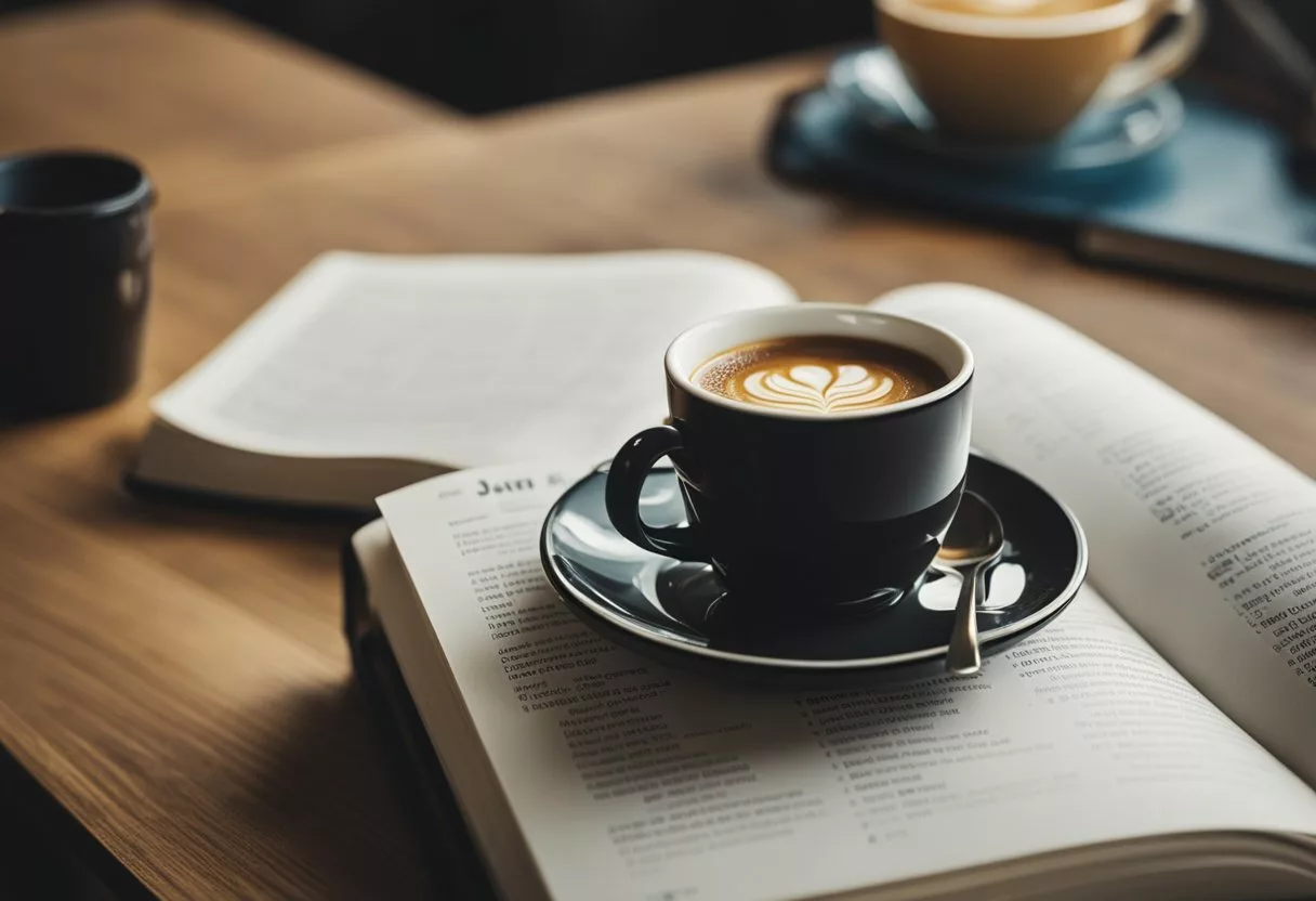 A steaming cup of Java Burn sits next to a diet plan book, surrounded by question marks