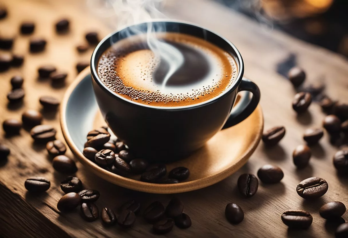 A steaming cup of coffee sits on a rustic wooden table, surrounded by scattered coffee beans and a bag of Java Burn. A warm, inviting glow emanates from the cup, creating a cozy and comforting atmosphere