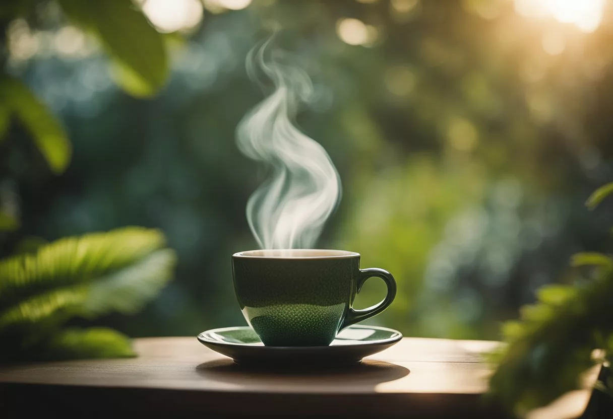 A steaming cup of Java Burn sits on a cozy table, surrounded by vibrant greenery and natural light, evoking a sense of relaxation and well-being