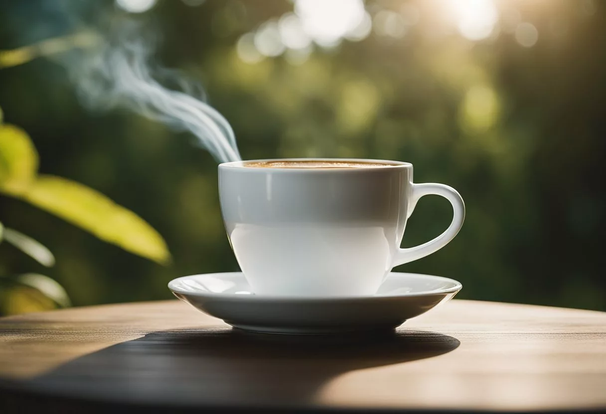 A steaming cup of Java Burn sits on a table, with a serene backdrop of nature and a peaceful atmosphere, symbolizing the connection between the drink and mental health