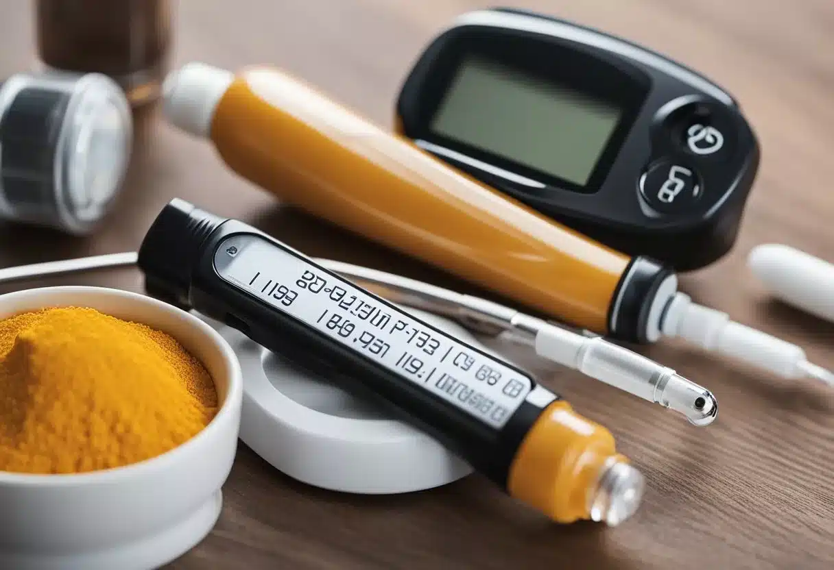 A bottle of curcumin supplement next to a blood glucose monitor and insulin pen on a table. A medical chart with "Diabetes Mellitus" written on it is visible in the background