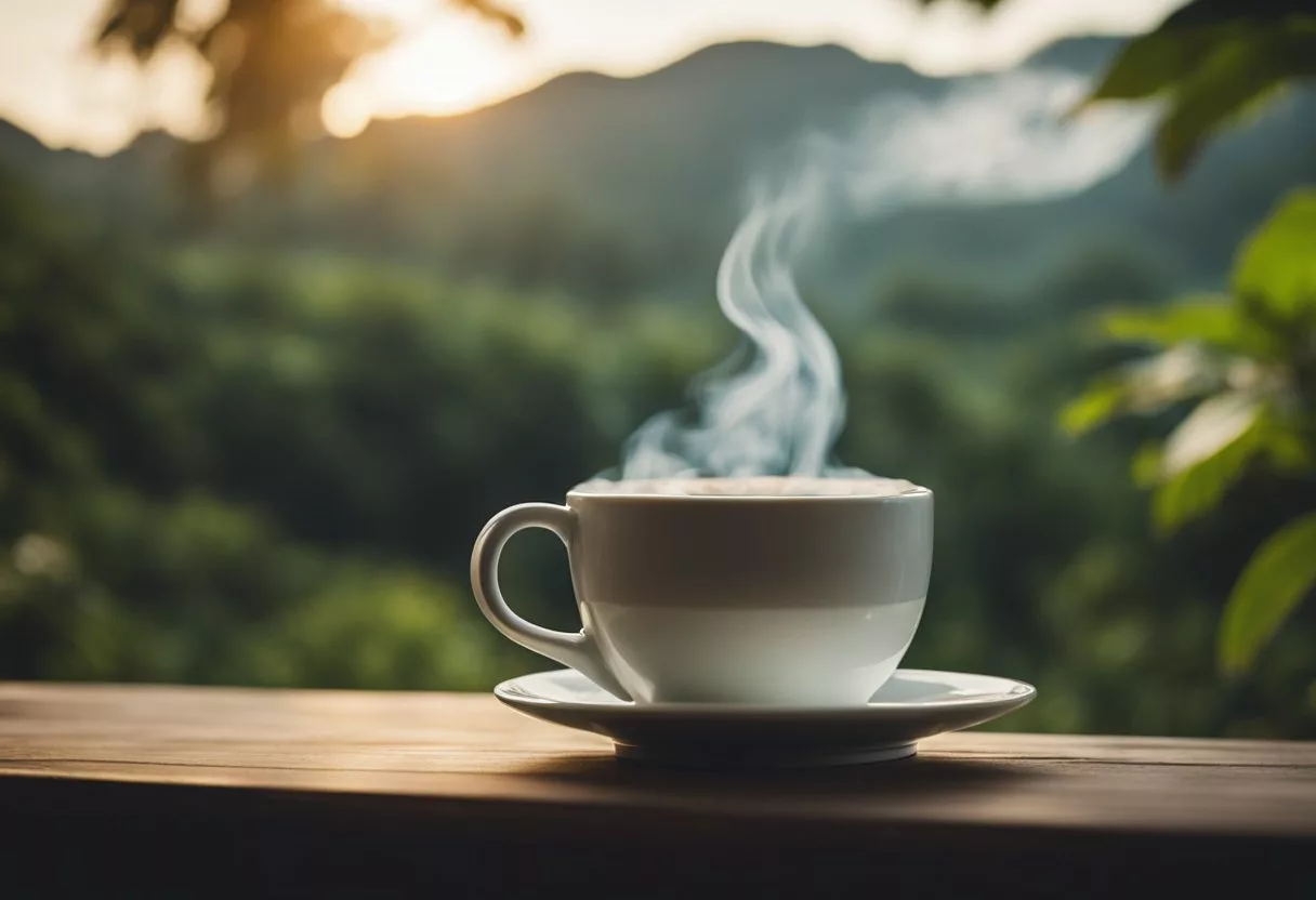 A steaming cup of Java Burn sits next to a serene scene of nature, evoking feelings of calmness and wellness